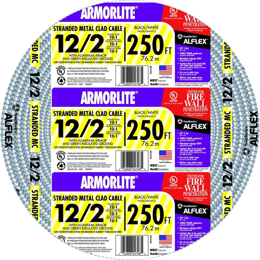 Southwire Armorlite 250-Feet 12 / 2 Stranded Aluminum MC (Metal Clad) Cable