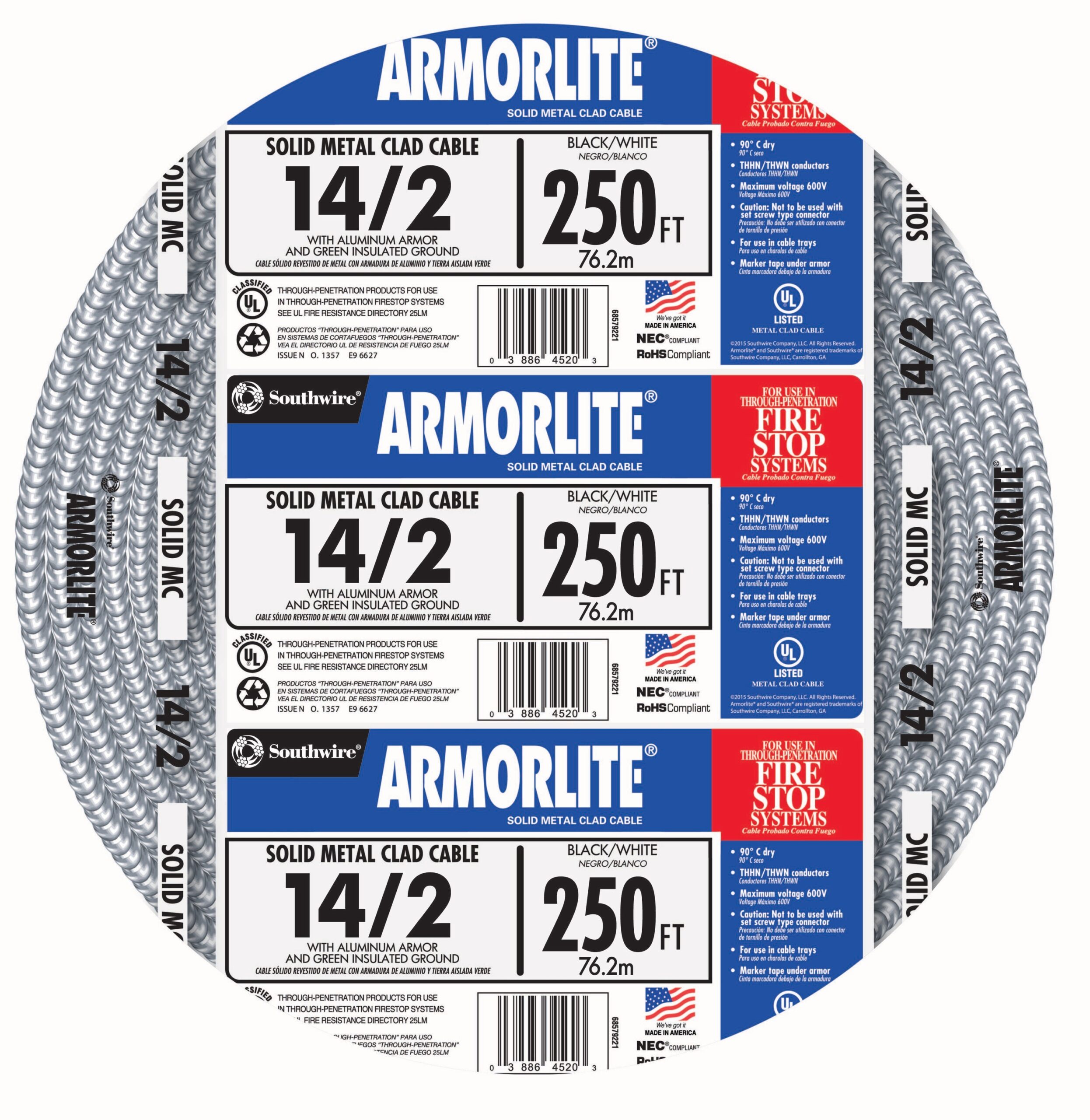 Southwire Armorlite 250-Feet 14 / 2 Solid Aluminum MC (Metal Clad) Cable