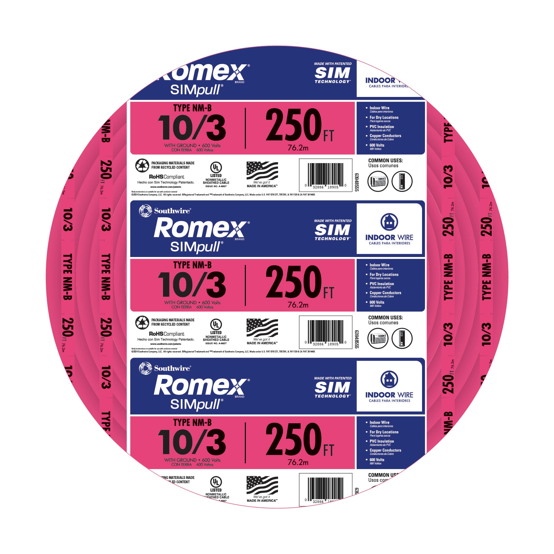 Southwire 250-Feet 10 / 3 / Romex SIMpull Solid Indoor CU NM-B W/G Individual pack ( By-the-roll )