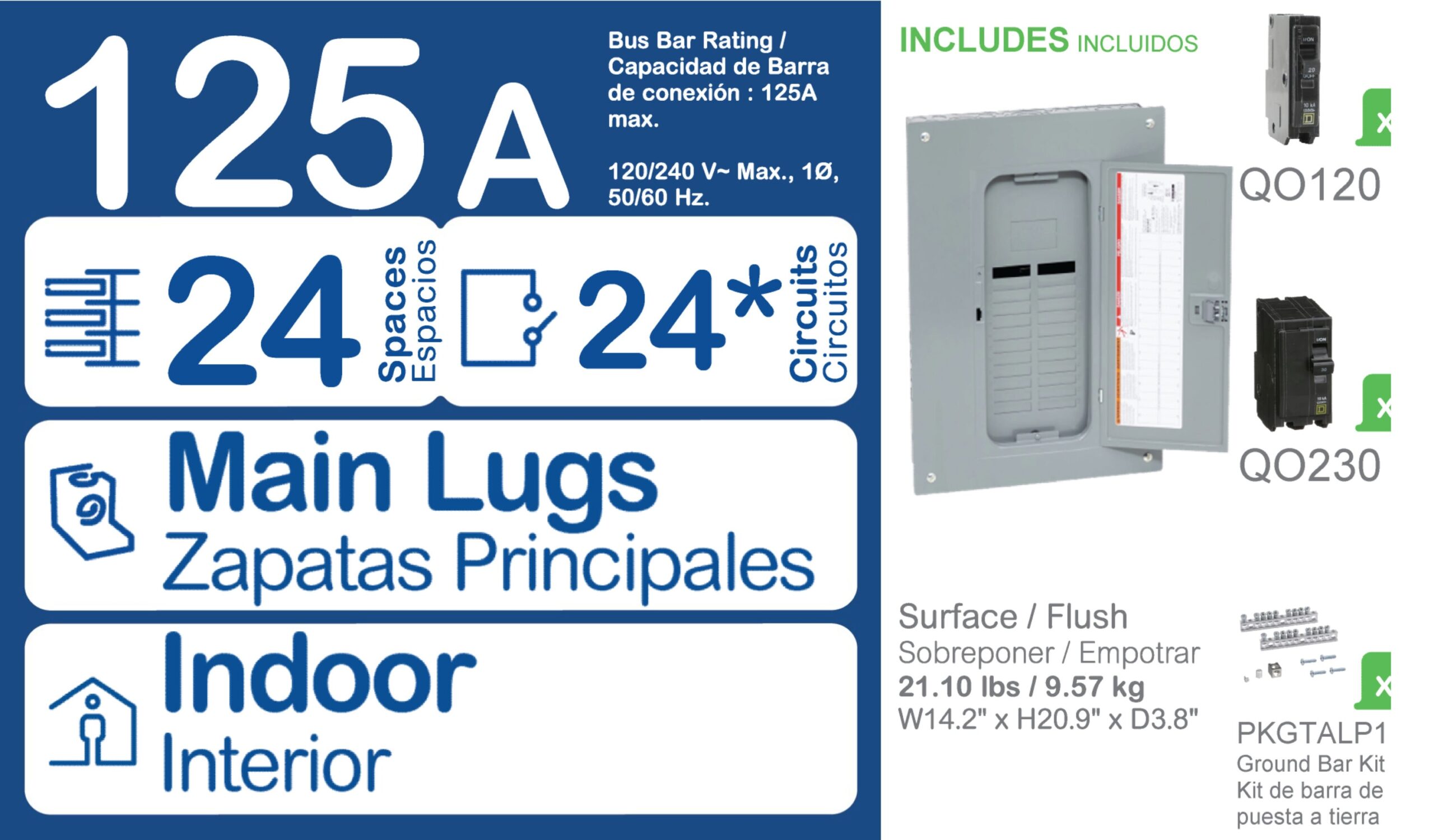 Square D QO 125 -Amp 24 -Spaces 24 -Circuit Indoor Convertible main lug Plug-On Neutral Load Center (Value Pack)