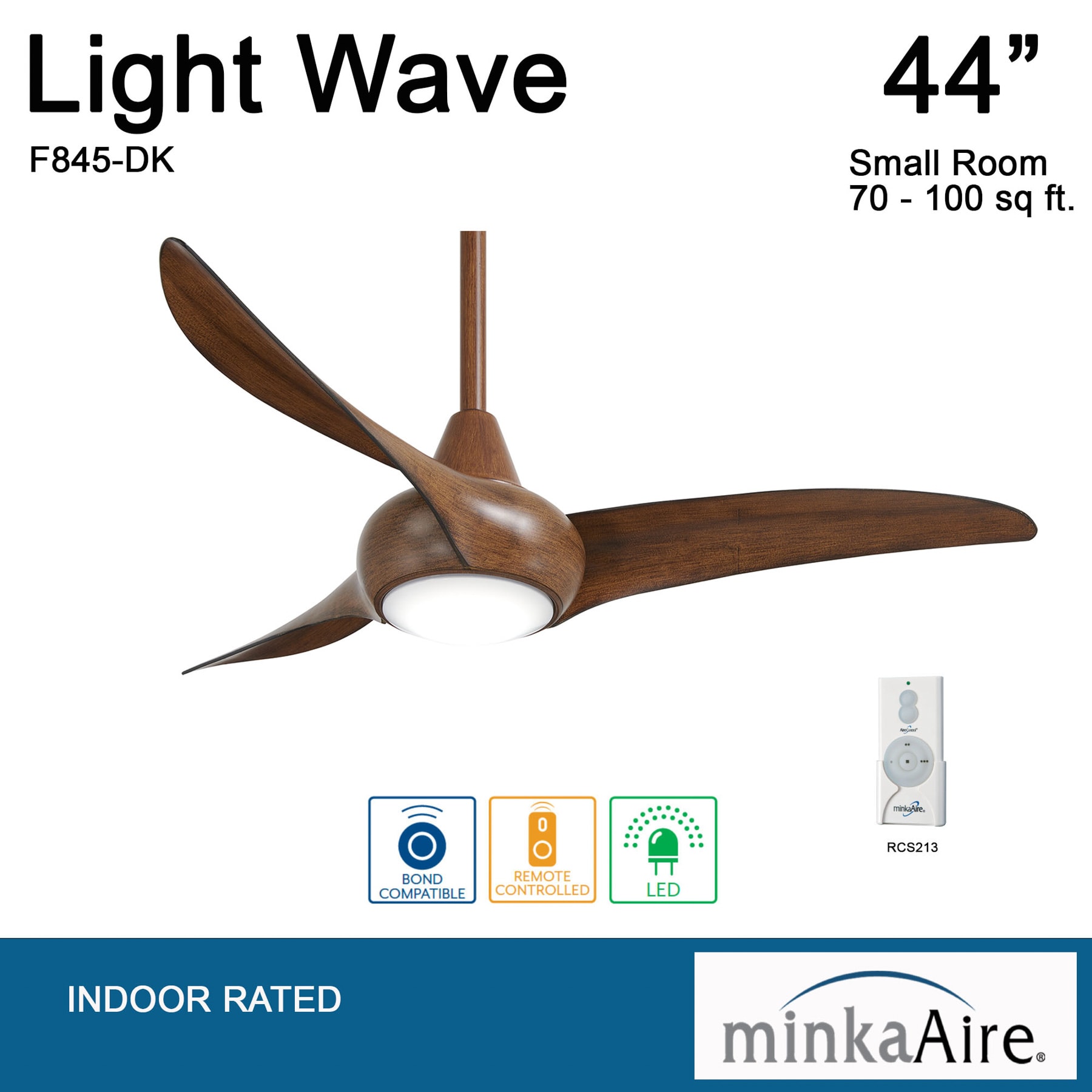 Minka Aire Light Wave 44 44-Inches Distressed Koa with Distressed Koa Blades Integrated LED Fixture Indoor Downrod mount Propeller Ceiling Fan With Light and Remote ( 3 -Blade)