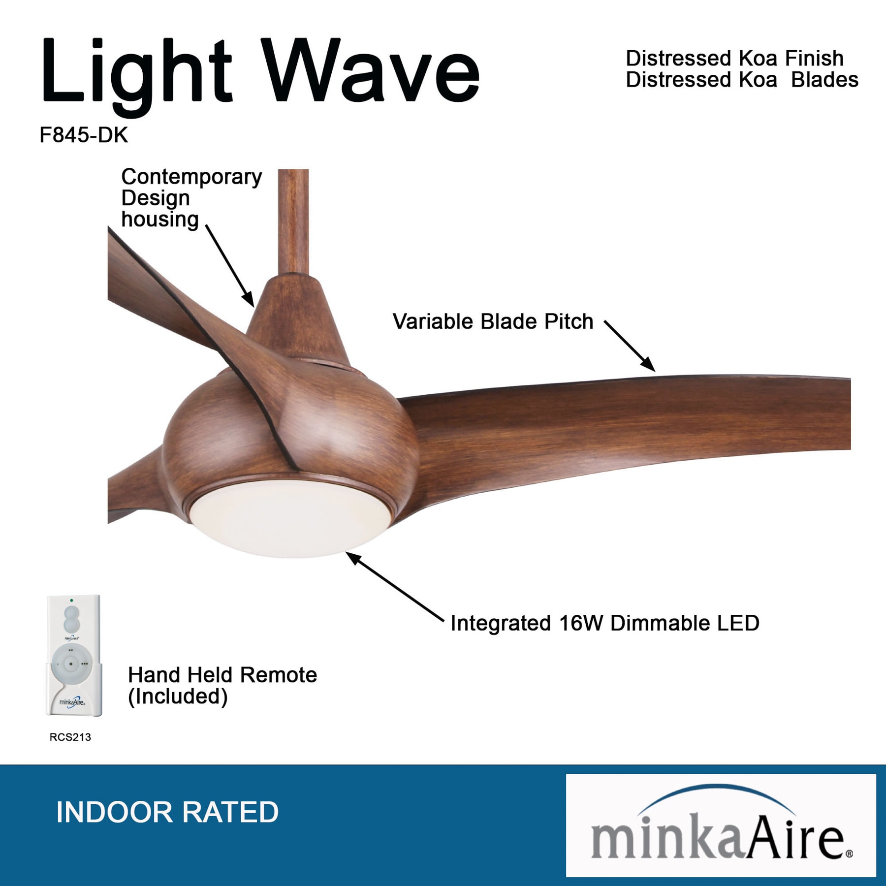 Minka Aire Light Wave 44 44-Inches Distressed Koa with Distressed Koa Blades Integrated LED Fixture Indoor Downrod mount Propeller Ceiling Fan With Light and Remote ( 3 -Blade)