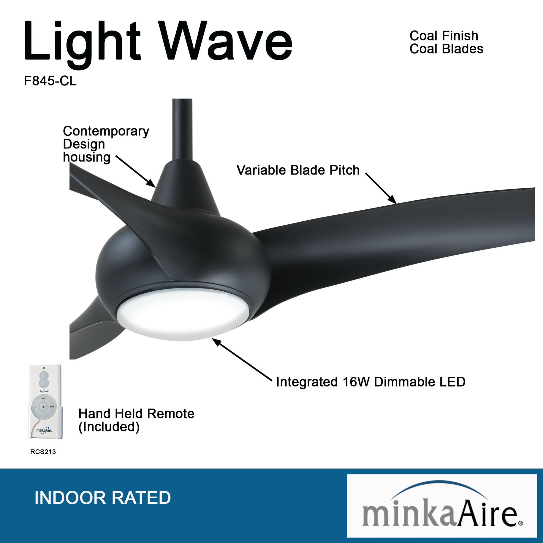 Minka Aire Light Wave 44 44-Inches Black with Black Blades Integrated LED Fixture Indoor Downrod mount Propeller Ceiling Fan With Light and Remote ( 3 -Blade)