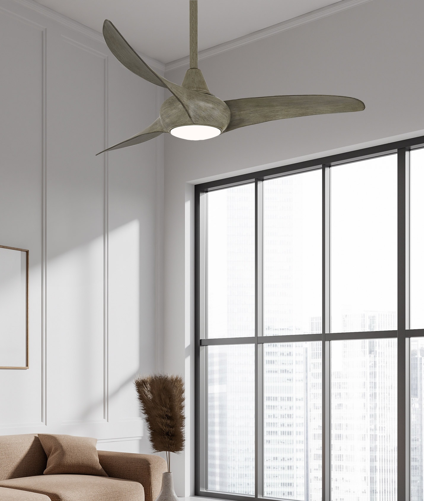 Minka Aire Light Wave 44 44-Inches Driftwood with Driftwood Blades Integrated LED Fixture Indoor Downrod mount Propeller Ceiling Fan With Light and Remote ( 3 -Blade)