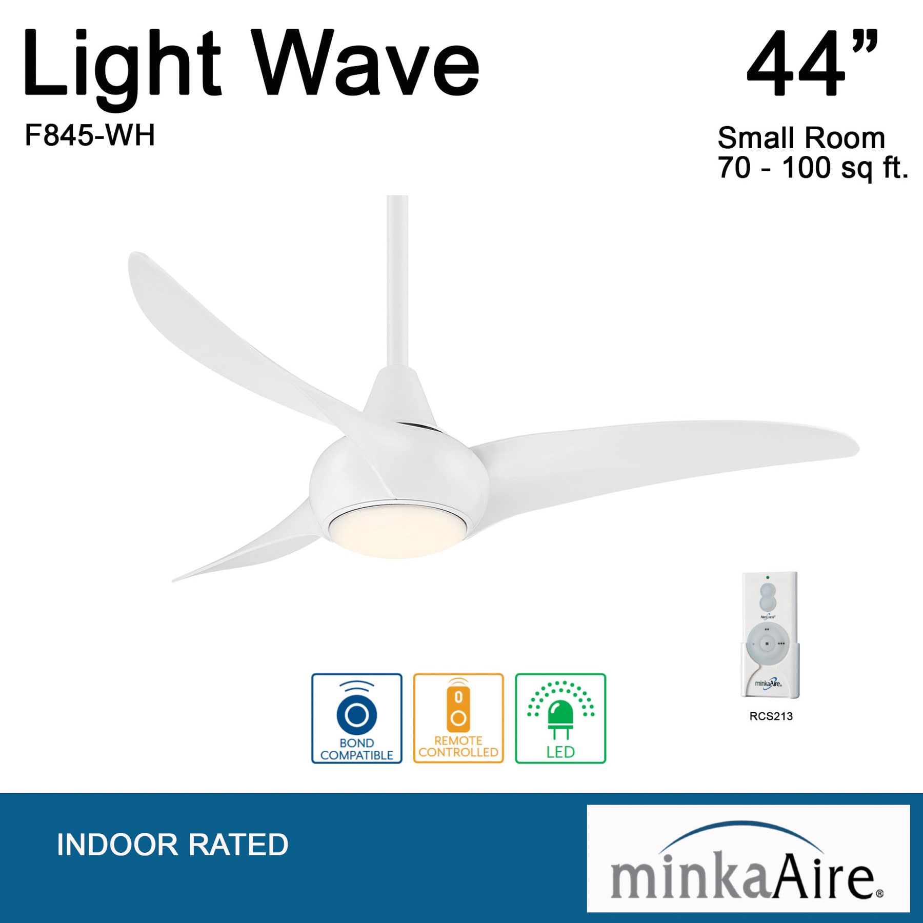 Minka Aire Light Wave 44 44-Inches White with White Blades Integrated LED Fixture Indoor Downrod mount Propeller Ceiling Fan With Light and Remote ( 3 -Blade)