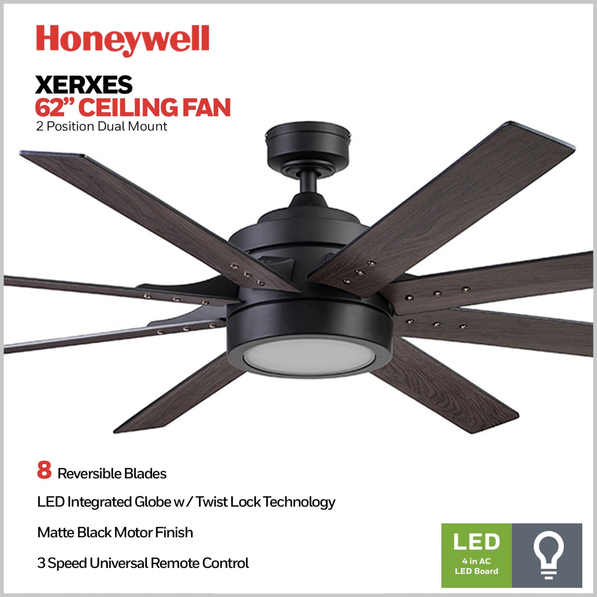 Honeywell Xerxes 62-Inches Matte Black with Matte Black Ash Blades Indoor Downrod mount Windmill Ceiling Fan With Light and Remote ( 8 -Blade)