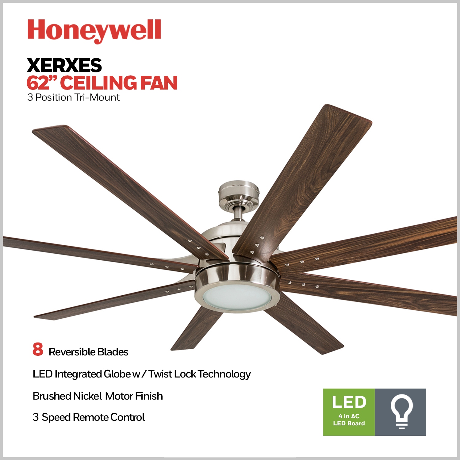 Honeywell Xerxes 62-Inches Brushed Nickel with Gray Oak/French Oak Blades Indoor Downrod mount Windmill Ceiling Fan With Light and Remote ( 8 -Blade)