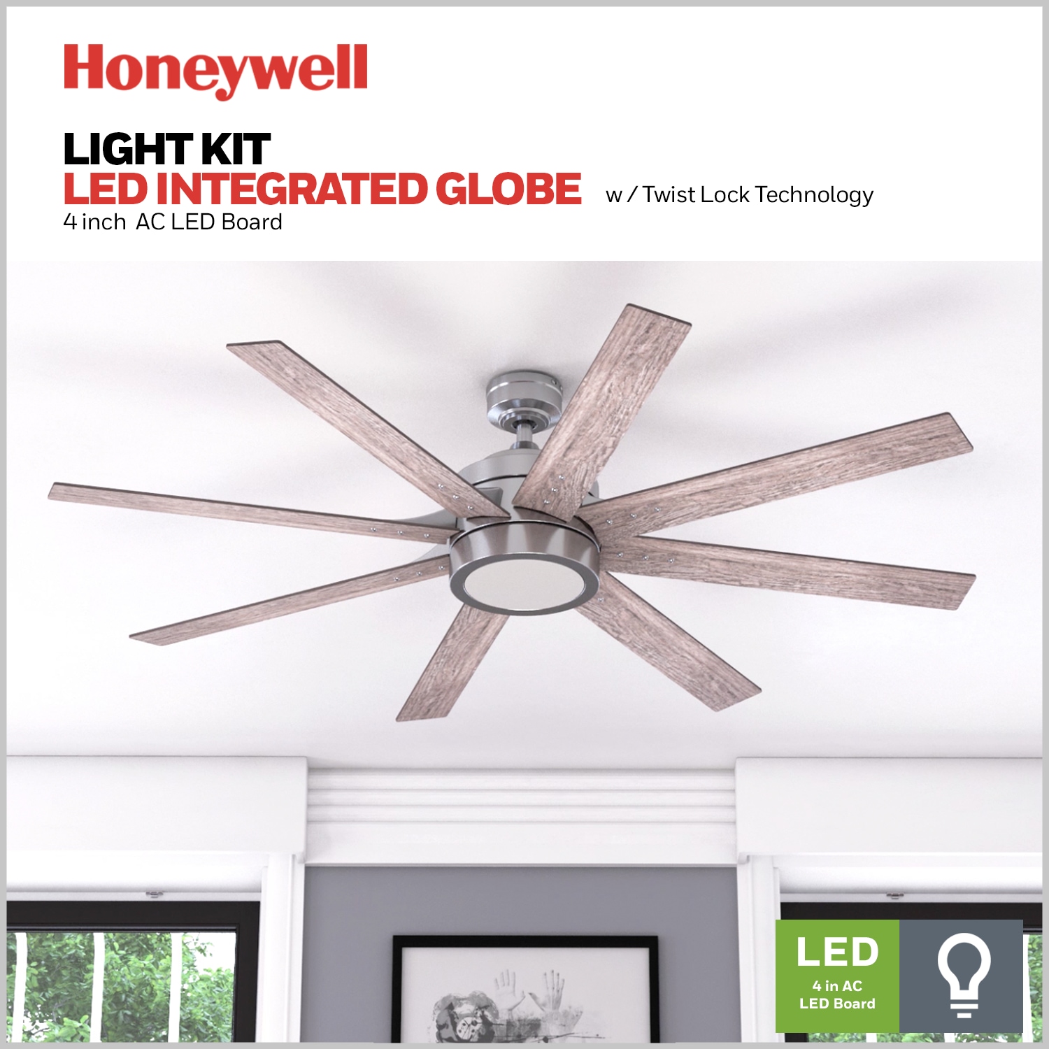 Honeywell Xerxes 62-Inches Brushed Nickel with Gray Oak/French Oak Blades Indoor Downrod mount Windmill Ceiling Fan With Light and Remote ( 8 -Blade)