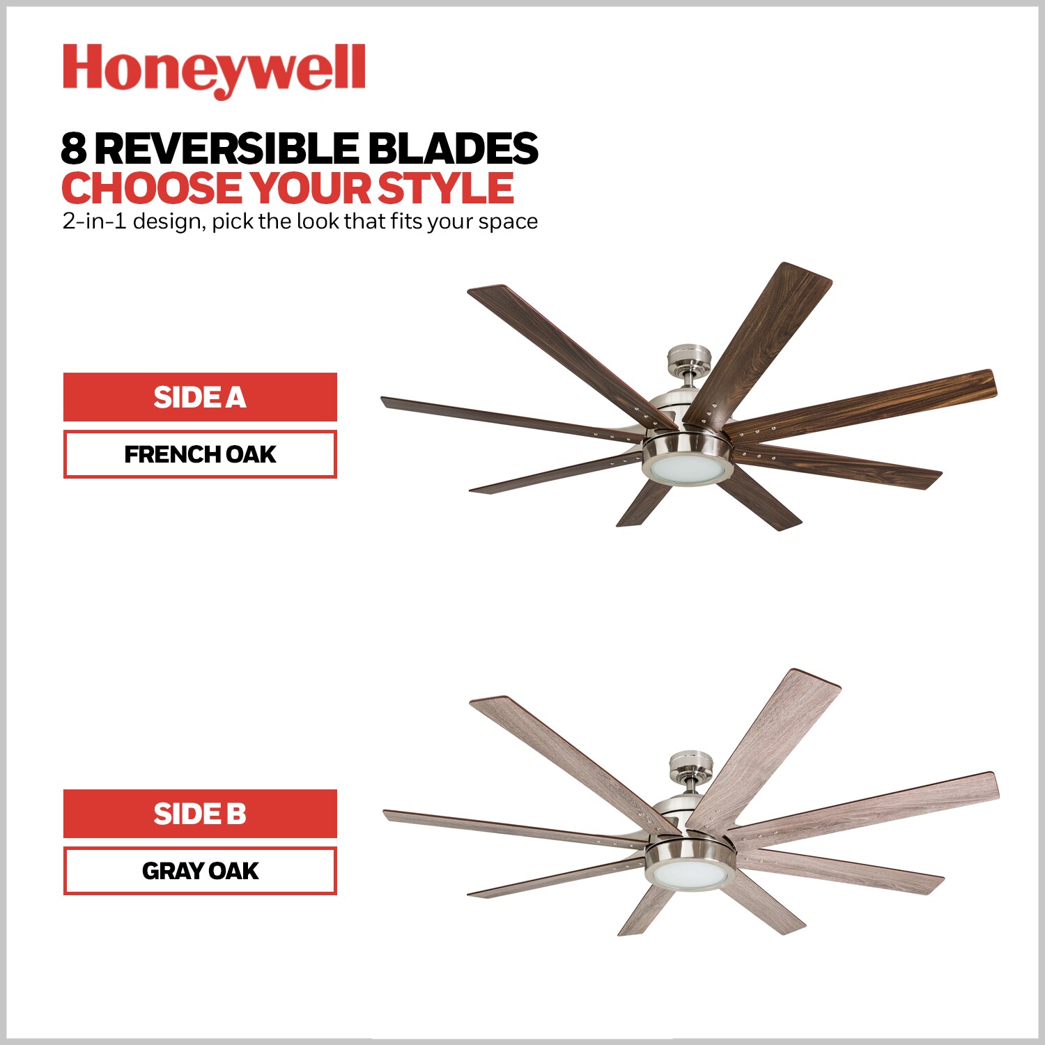 Honeywell Xerxes 62-Inches Brushed Nickel with Gray Oak/French Oak Blades Indoor Downrod mount Windmill Ceiling Fan With Light and Remote ( 8 -Blade)