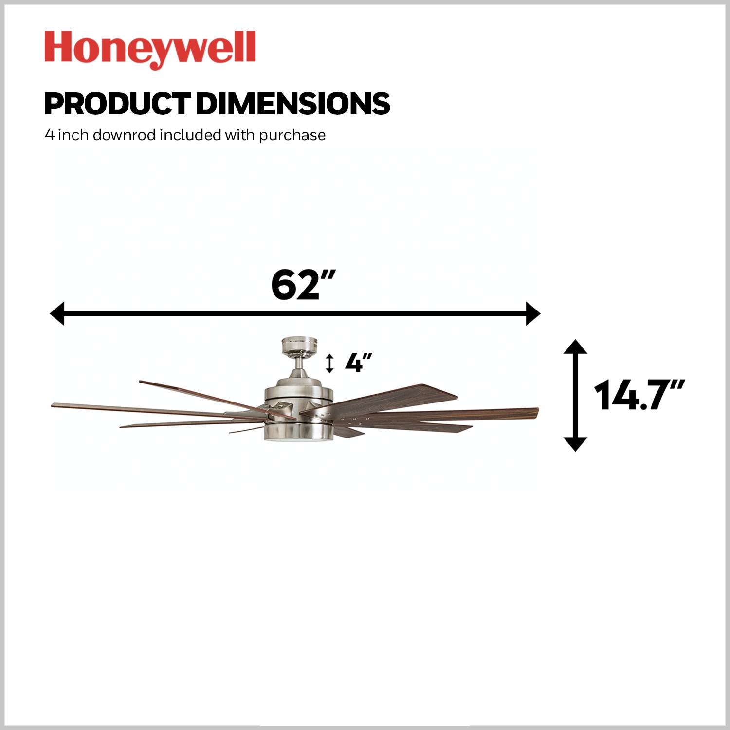 Honeywell Xerxes 62-Inches Brushed Nickel with Gray Oak/French Oak Blades Indoor Downrod mount Windmill Ceiling Fan With Light and Remote ( 8 -Blade)