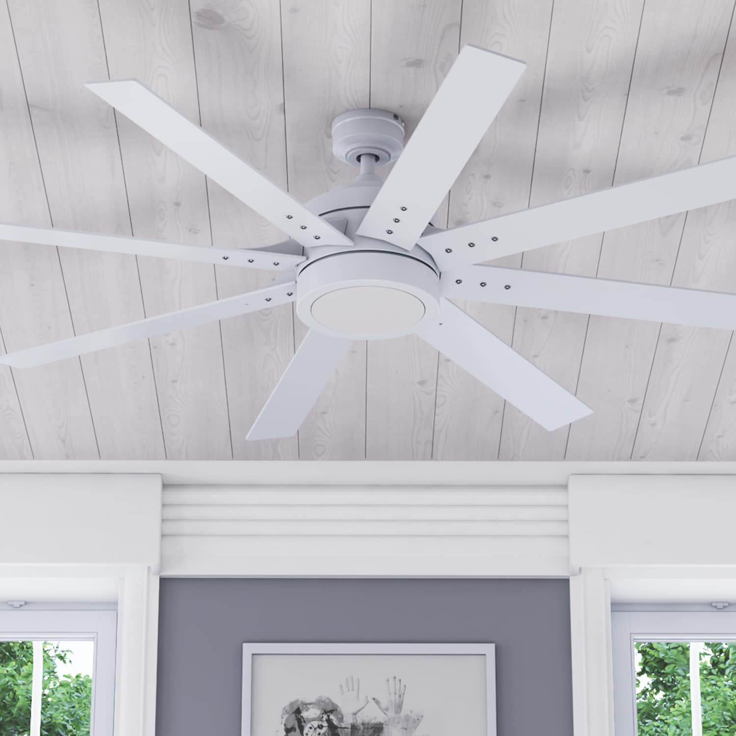 Honeywell Xerxes 62-Inches Bright White with White Gray Wash Blades Indoor Downrod mount Windmill Ceiling Fan With Light and Remote ( 8 -Blade)