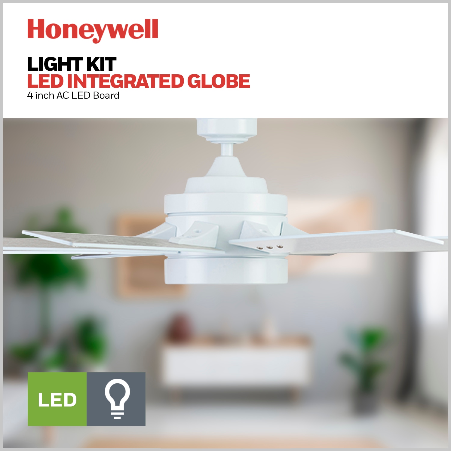 Honeywell Xerxes 62-Inches Bright White with White Gray Wash Blades Indoor Downrod mount Windmill Ceiling Fan With Light and Remote ( 8 -Blade)