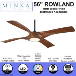 Minka Ceiling Fan Co. Rowland 56-Inches Matte Black with Distressed Koa Blades Color-Changing Integrated LED Fixture Indoor/Outdoor Downrod mount Standard Ceiling Fan With Light and Remote ( 4 -Blade)
