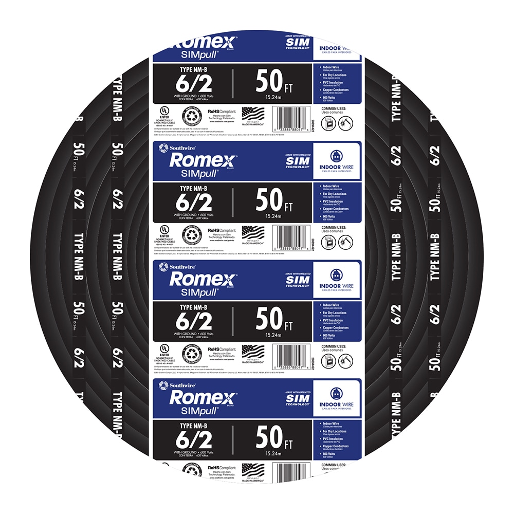 Southwire 50-Feet 6 / 2 / Romex SIMpull Solid Indoor CU NM-B W/G Individual pack ( By-the-roll )