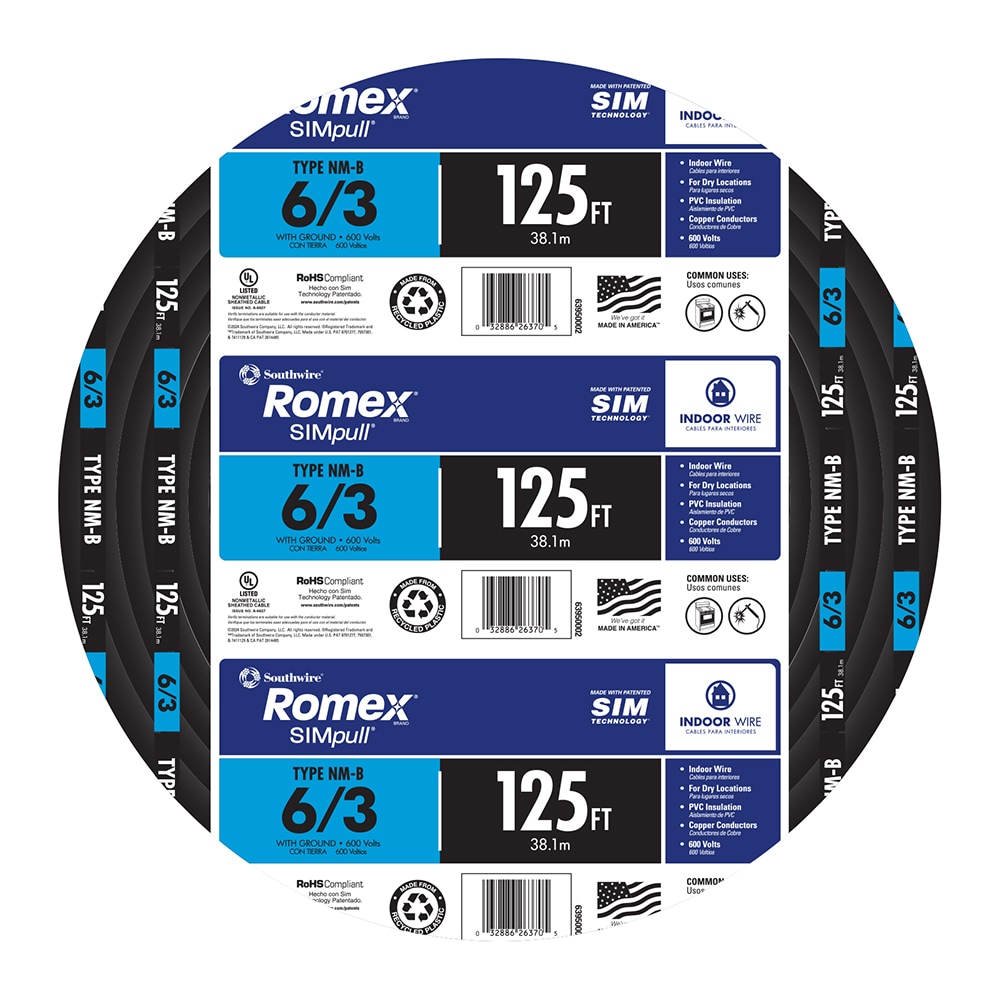 Southwire 125-Feet 6 / 3 / Romex SIMpull Stranded Indoor CU NM-B W/G Individual pack ( By-the-roll )