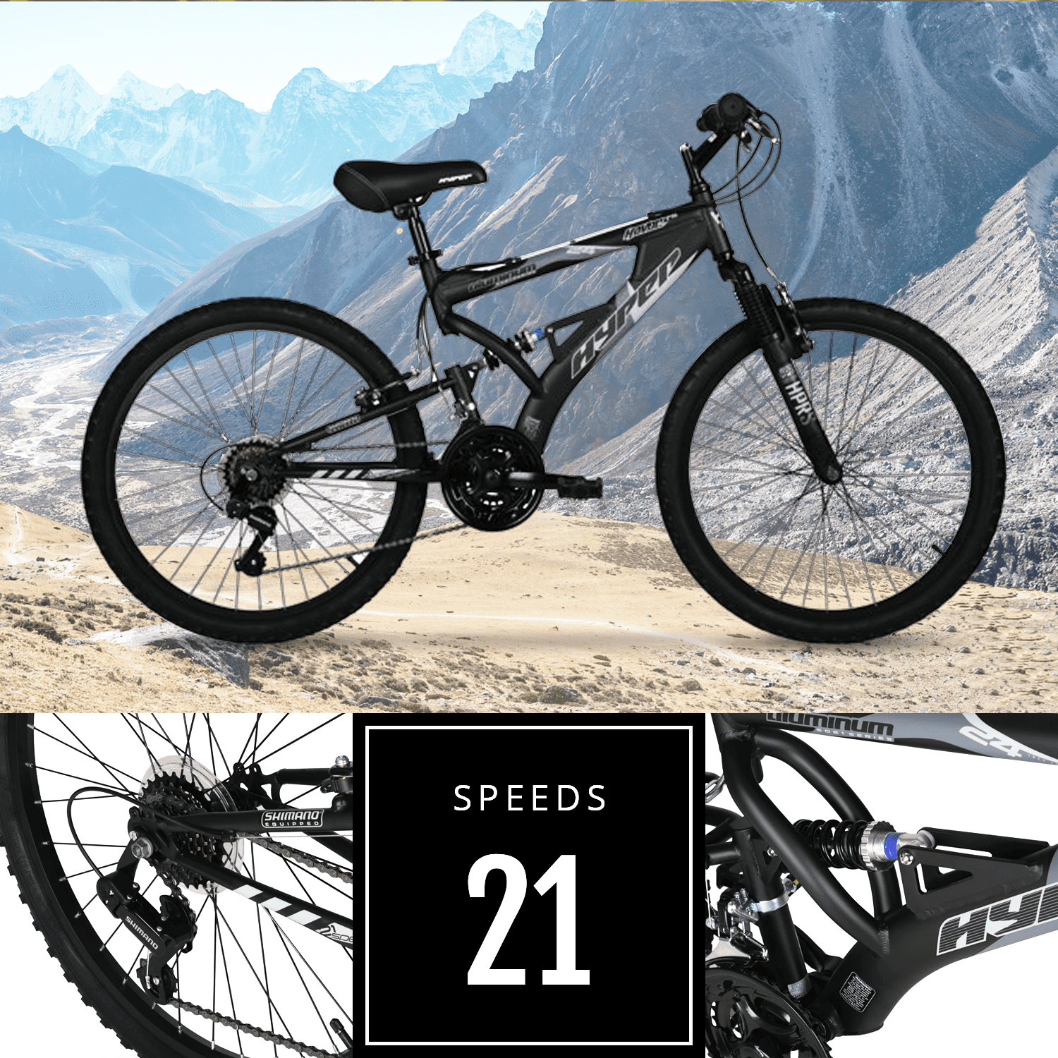 Hyper Bicycles 24" Havoc Mountain Bike, Youth/Adult, Recommended Ages 10-14 Years Old, Black