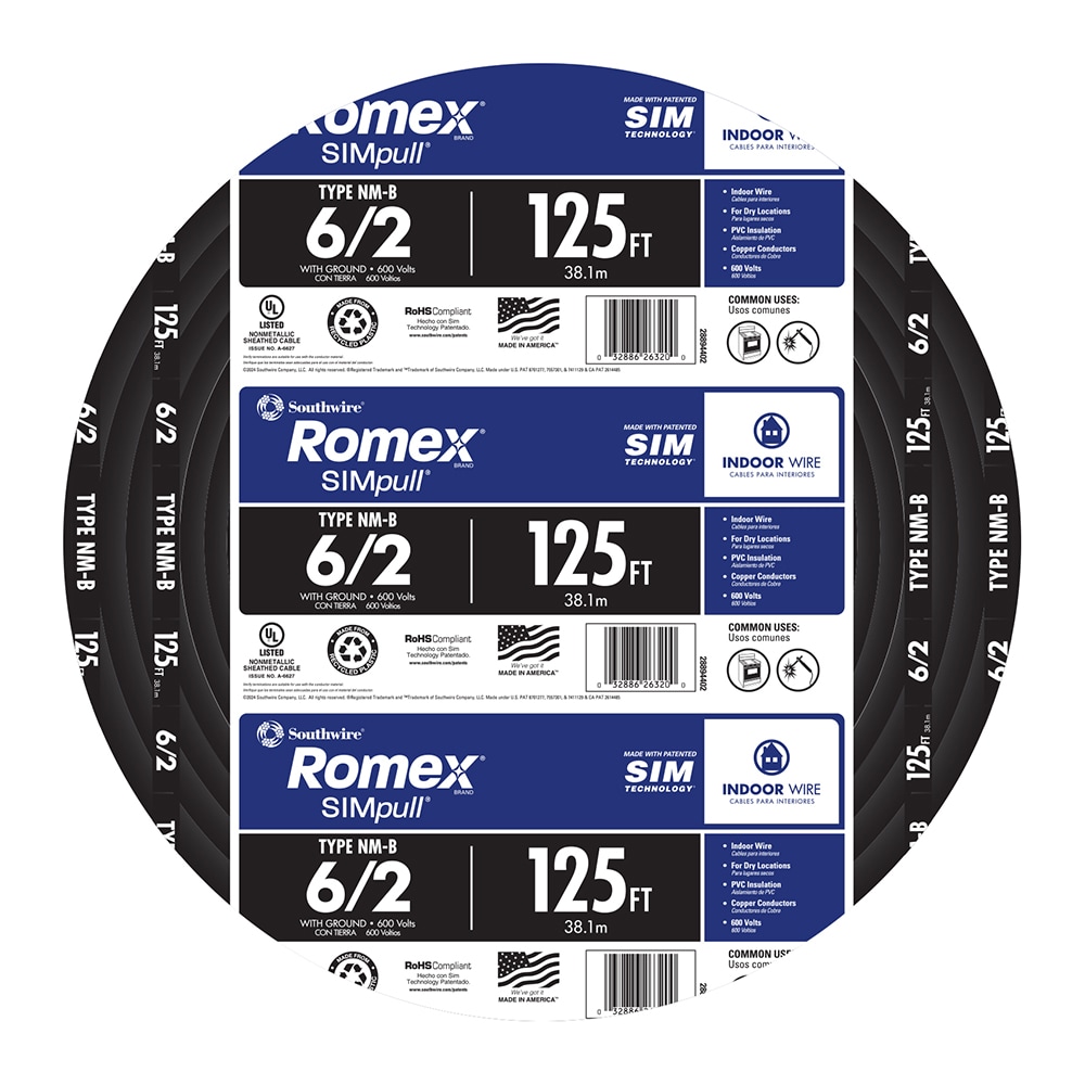 Southwire 125-Feet 6 / 2 / Romex SIMpull Stranded Indoor CU NM-B W/G Individual pack ( By-the-roll )