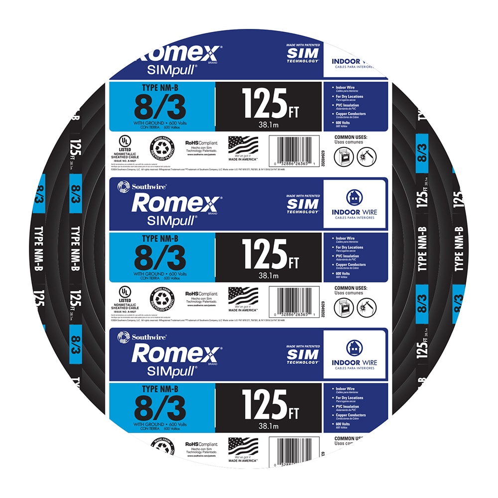 Southwire 125-Feet 8 / 3 / Romex SIMpull Stranded Indoor CU NM-B W/G Individual pack ( By-the-roll )