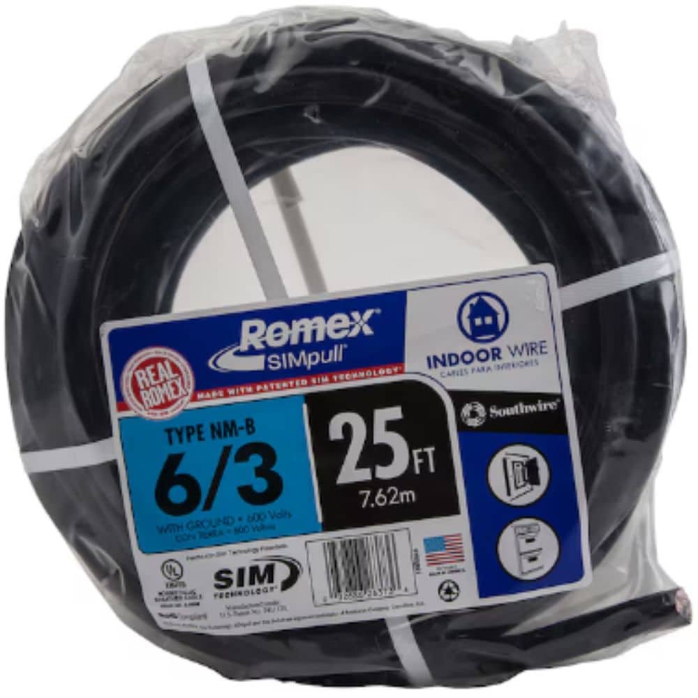 Southwire 25-Feet 6 / 3 / Romex SIMpull Stranded Indoor CU NM-B W/G Individual pack ( By-the-roll )