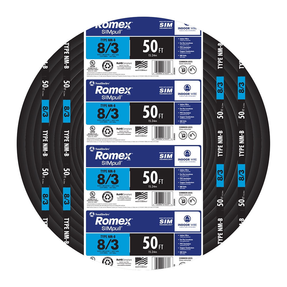 Southwire 50-Feet 8 / 3 / Romex SIMpull Stranded Indoor CU NM-B W/G Individual pack ( By-the-roll )