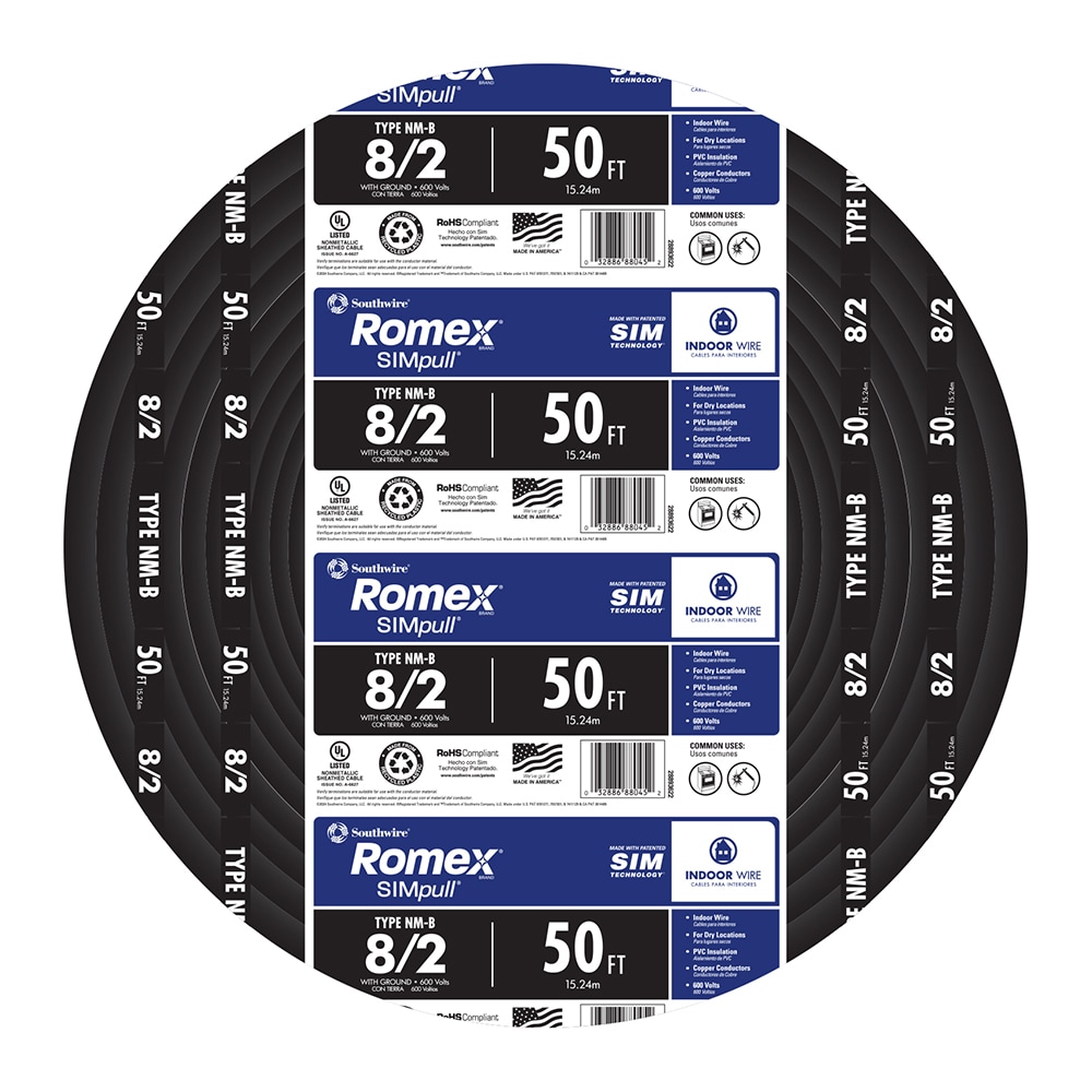 Southwire 50-Feet 8 / 2 / Romex SIMpull Stranded Indoor CU NM-B W/G Individual pack ( By-the-roll )