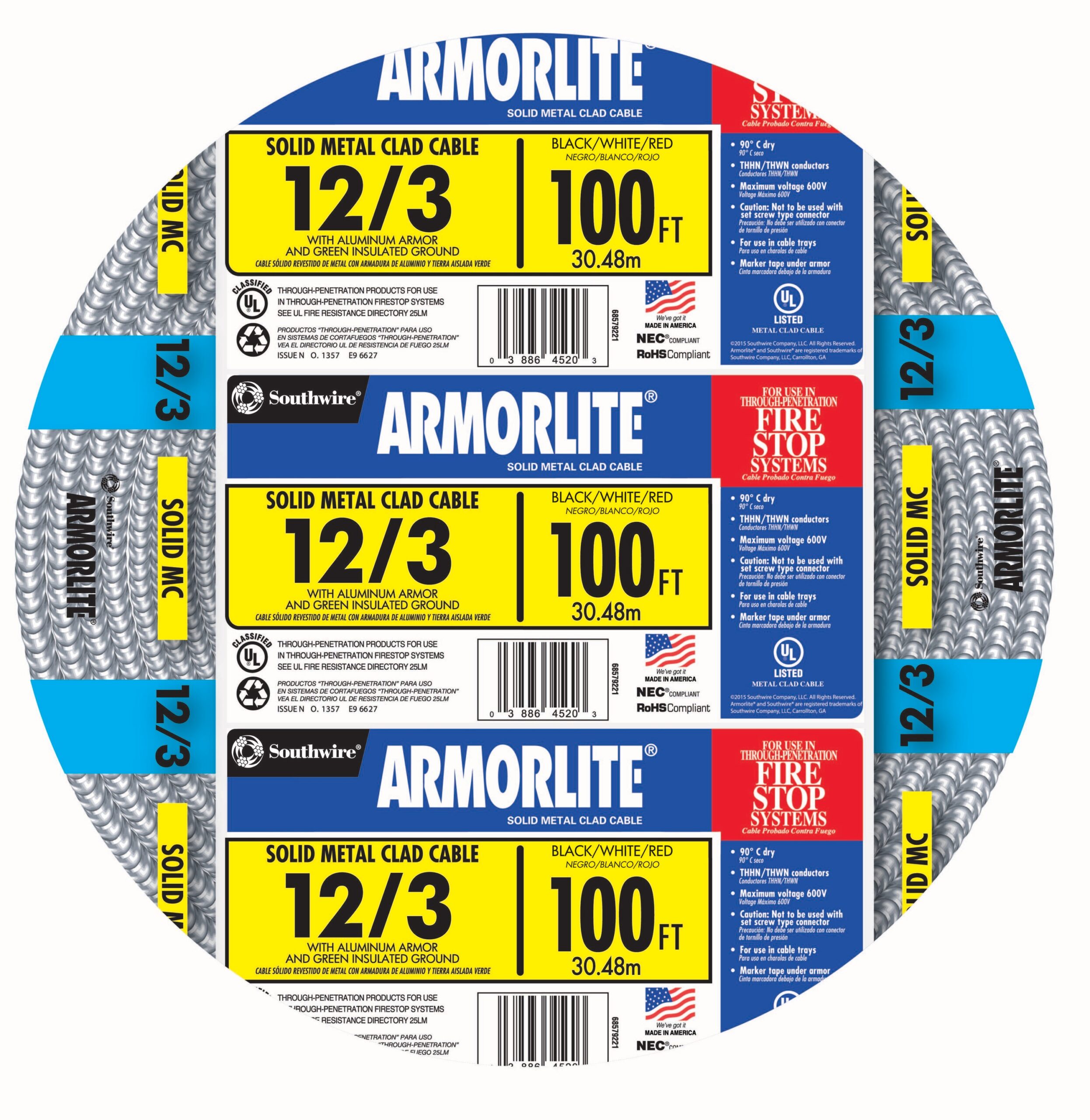 Southwire Armorlite 100-Feet 12 / 3 Solid Aluminum MC (Metal Clad) Cable
