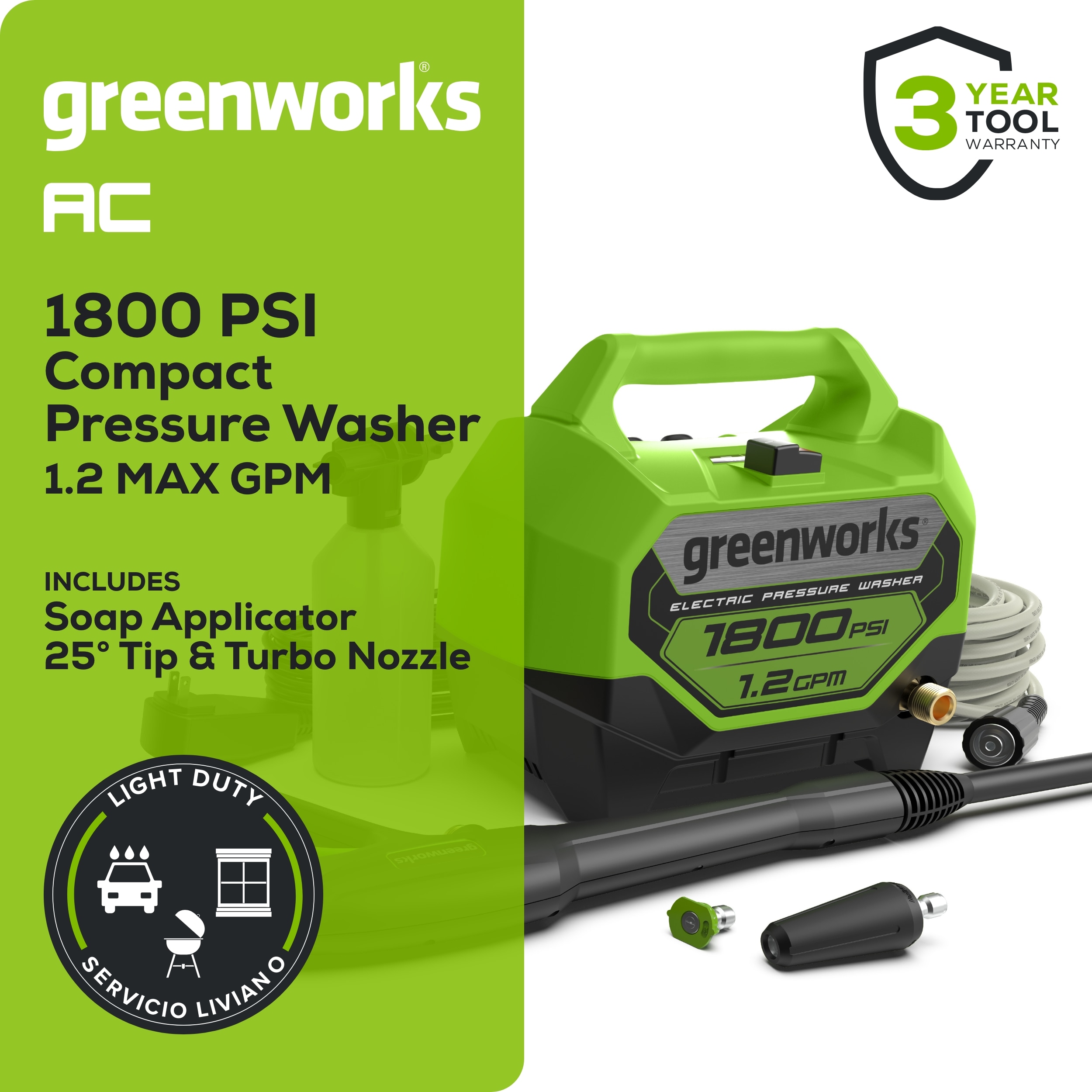 Greenworks 1800 PSI 1.2-GPM Cold Water Electric Pressure Washer with 2 Spray Tips