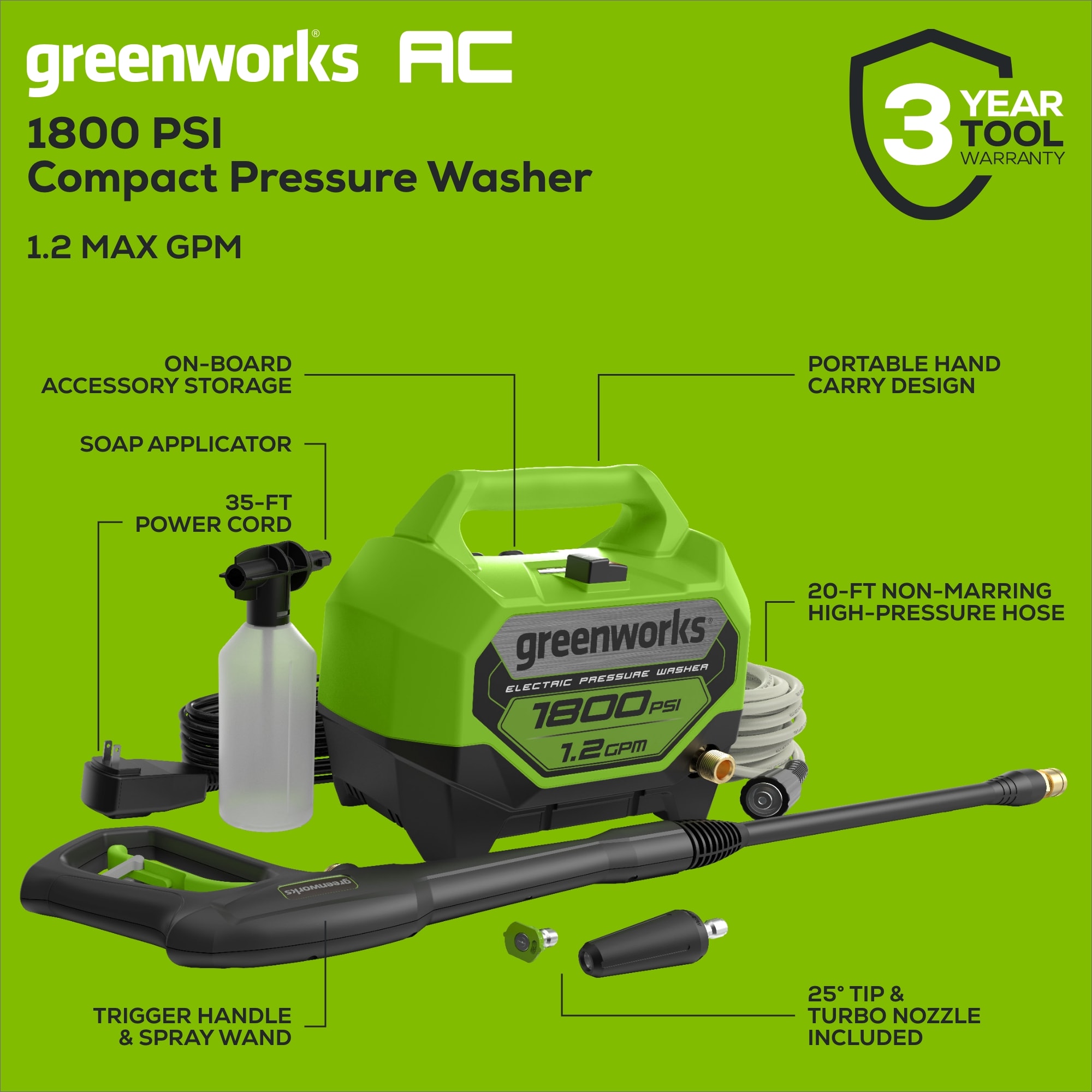 Greenworks 1800 PSI 1.2-GPM Cold Water Electric Pressure Washer with 2 Spray Tips