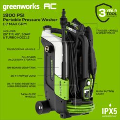 Greenworks 1900 PSI 1.2-GPM Cold Water Electric Pressure Washer with 4 Spray Tips