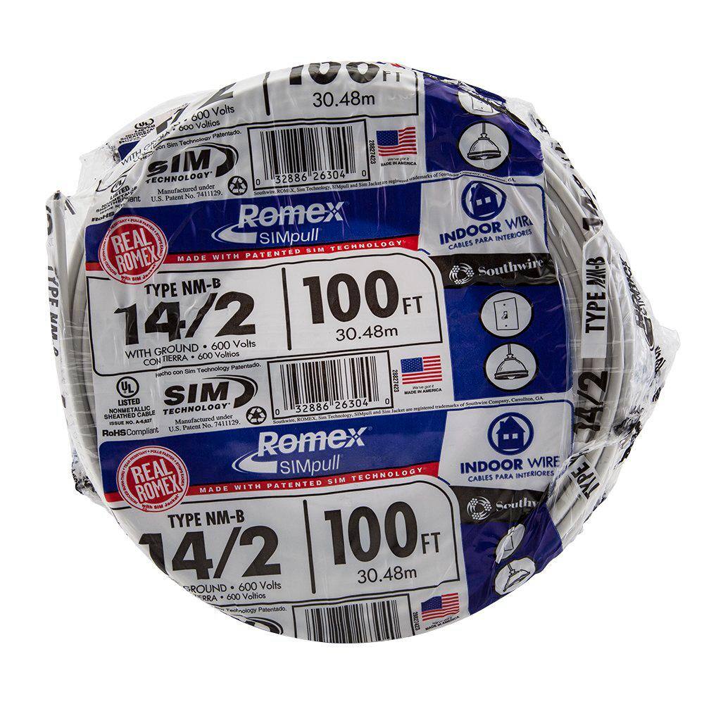 Southwire 100 ft. 14/2 Solid Romex SIMpull CU NM-B W/G Wire 28827428