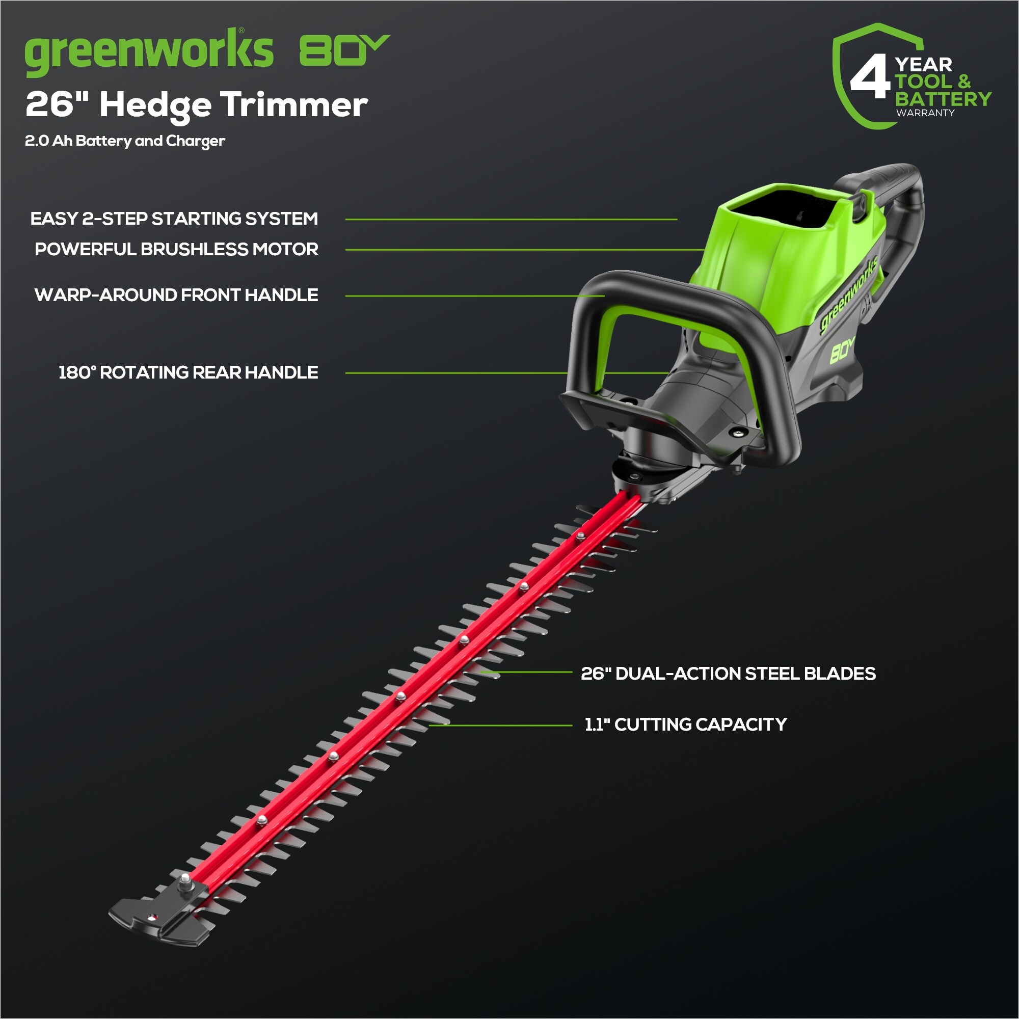 Greenworks 80-volt 26-in Battery Hedge Trimmer 2 Ah (Battery and Charger Included)