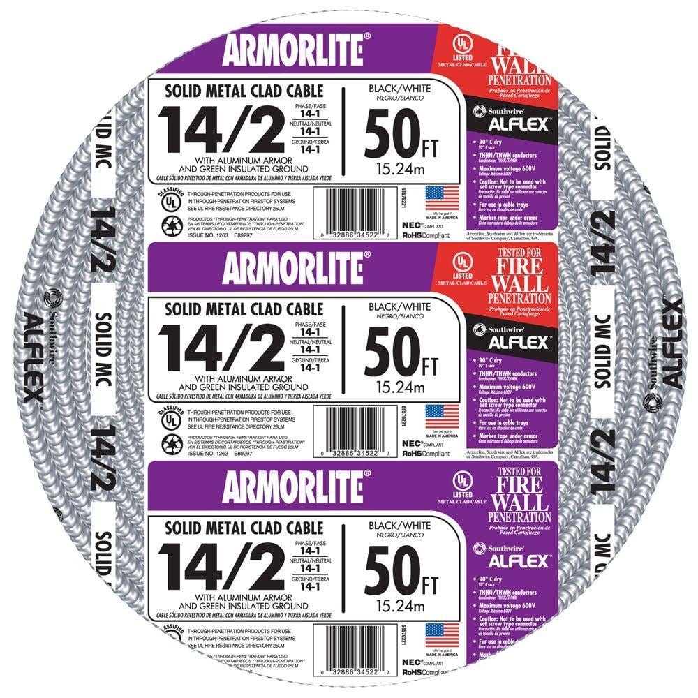 Southwire 14/2 x 50 ft. Solid CU MC (Metal Clad) Armorlite Cable 68579252