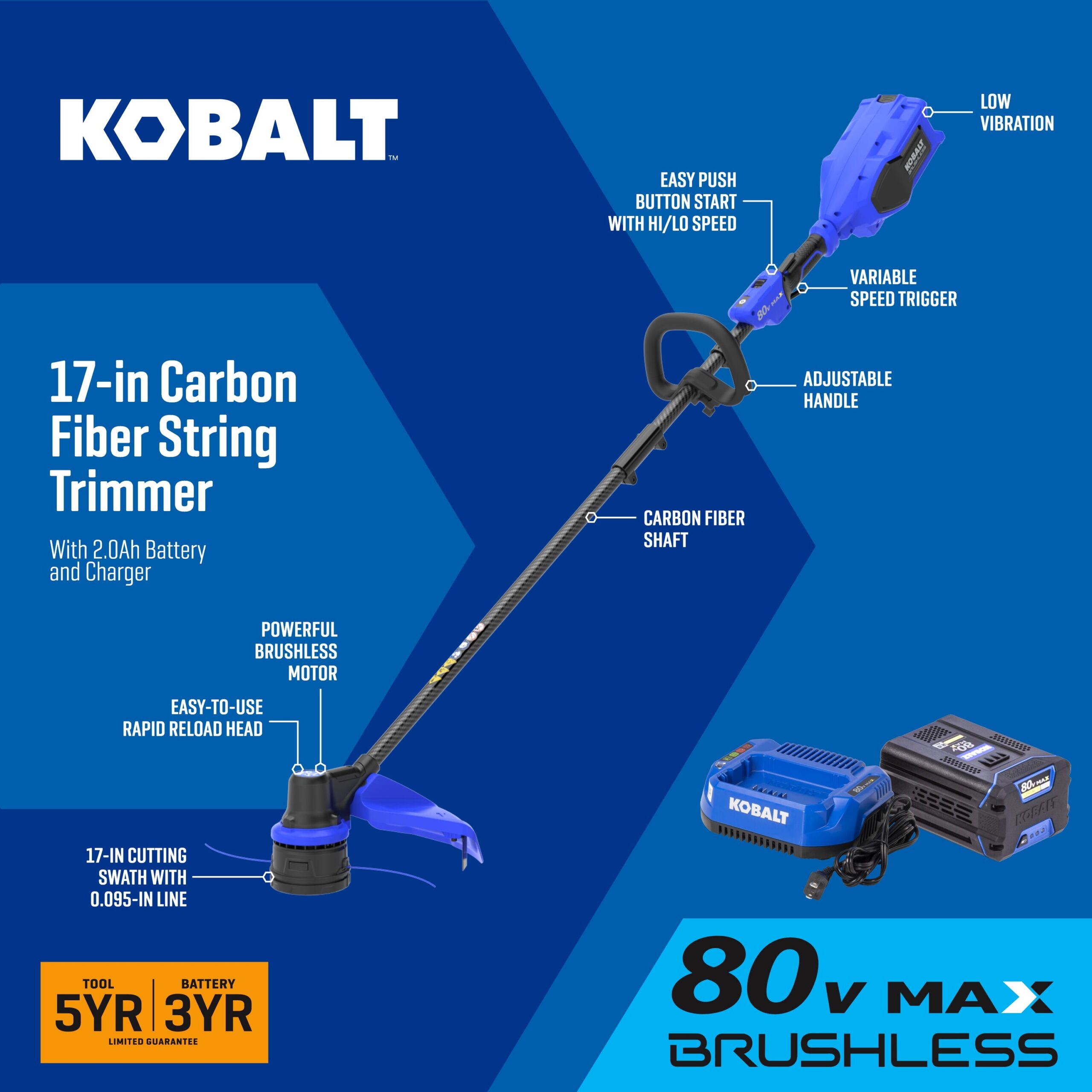 Kobalt Carbon Fiber 80-volt 17-in Straight Shaft Battery String Trimmer 2 Ah (Battery and Charger Included)