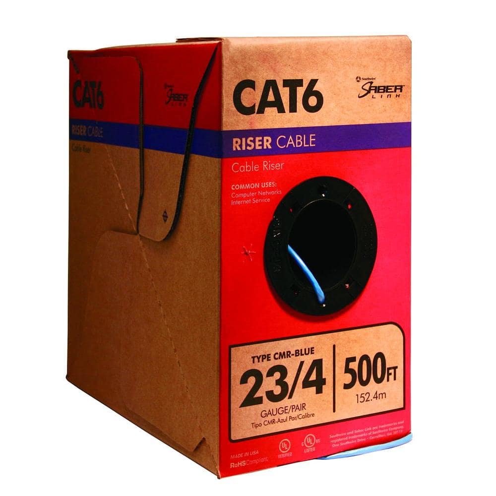 Southwire 500 ft. Blue 23/4 Solid CU CAT6 CMR (Riser) Data Cable 56918945