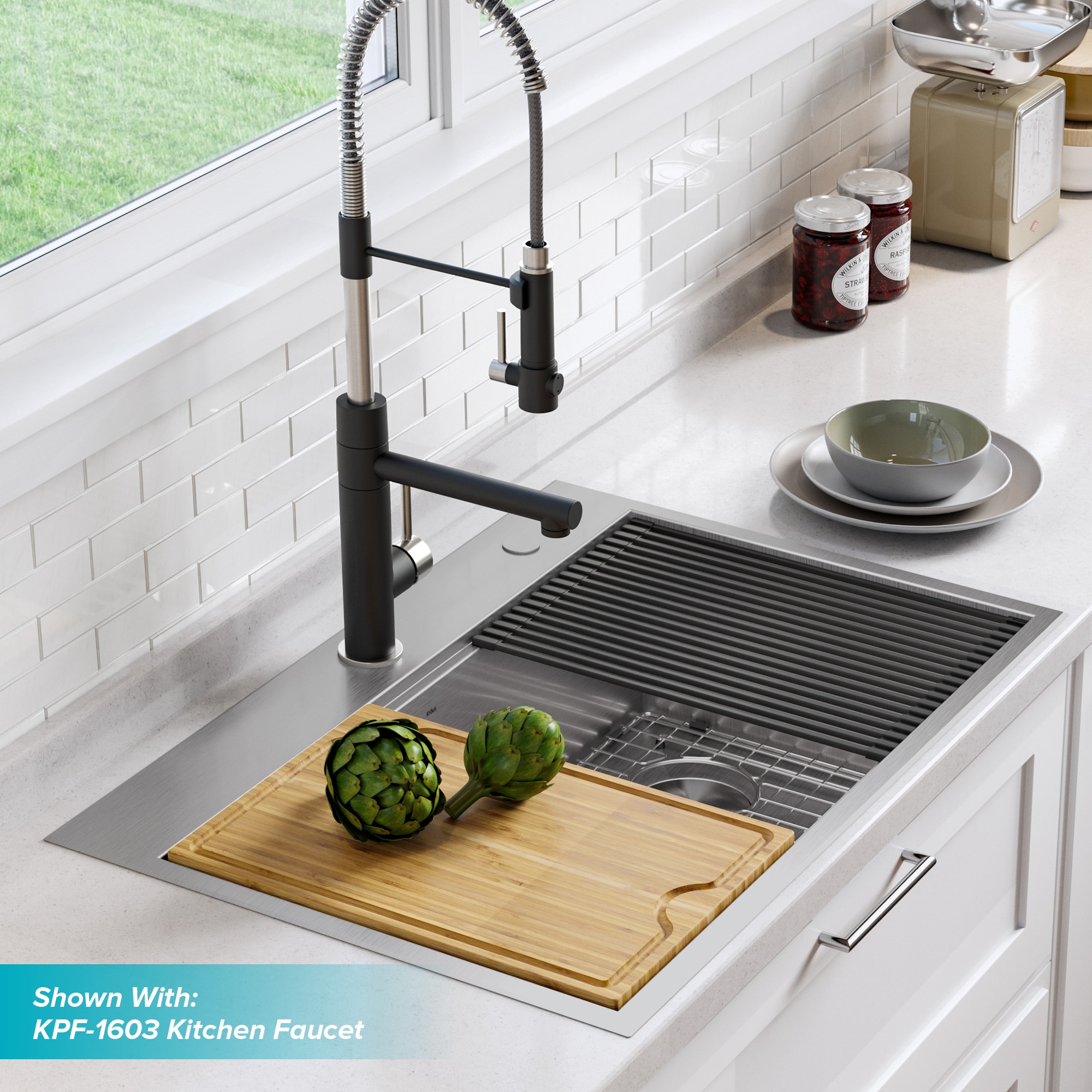 Kraus Kore Dual-mount 33-Inches x 22-Inches Stainless steel Single bowl 2-Hole 16 -Gauge Workstation Kitchen Sink