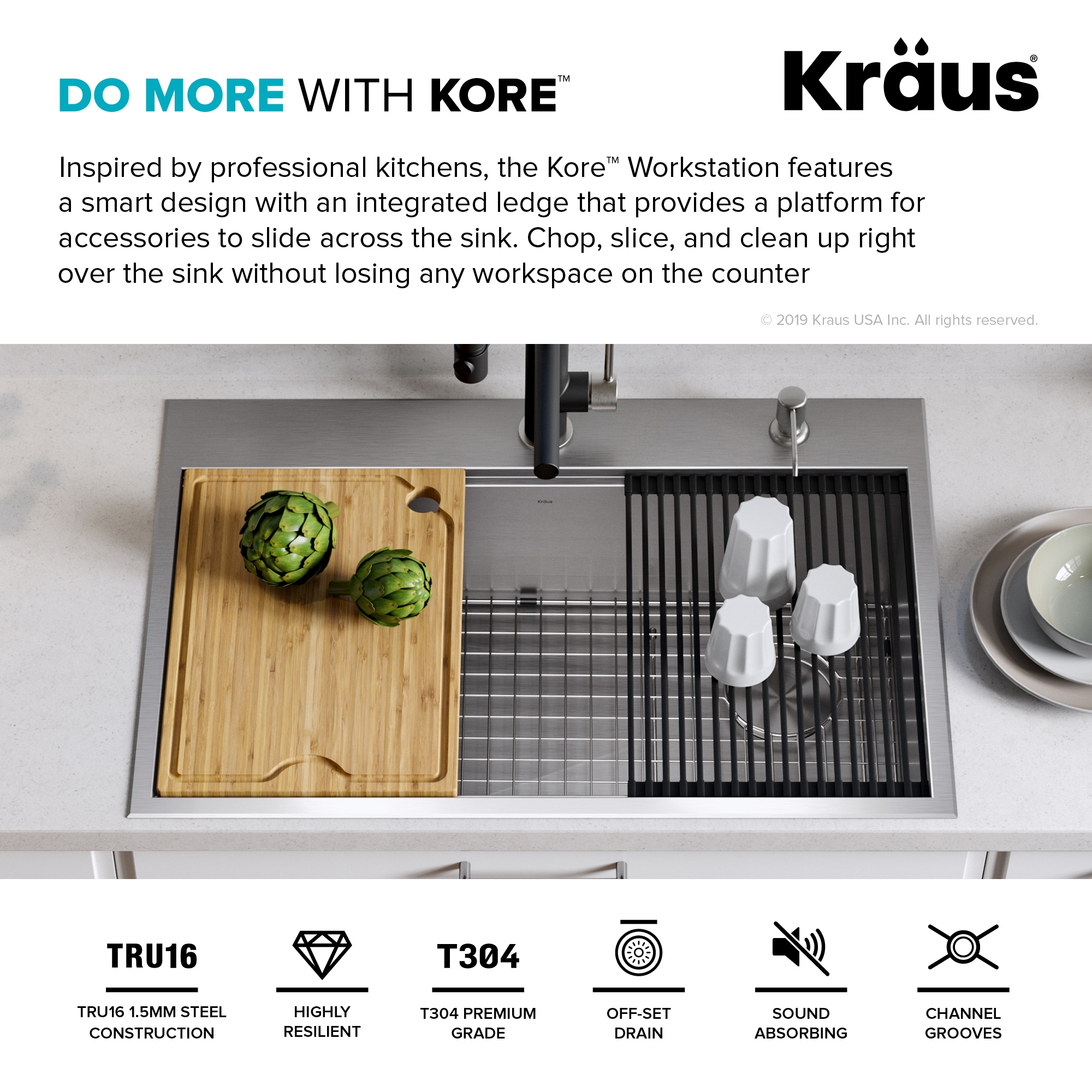 Kraus Kore Dual-mount 33-Inches x 22-Inches Stainless steel Single bowl 2-Hole 16 -Gauge Workstation Kitchen Sink