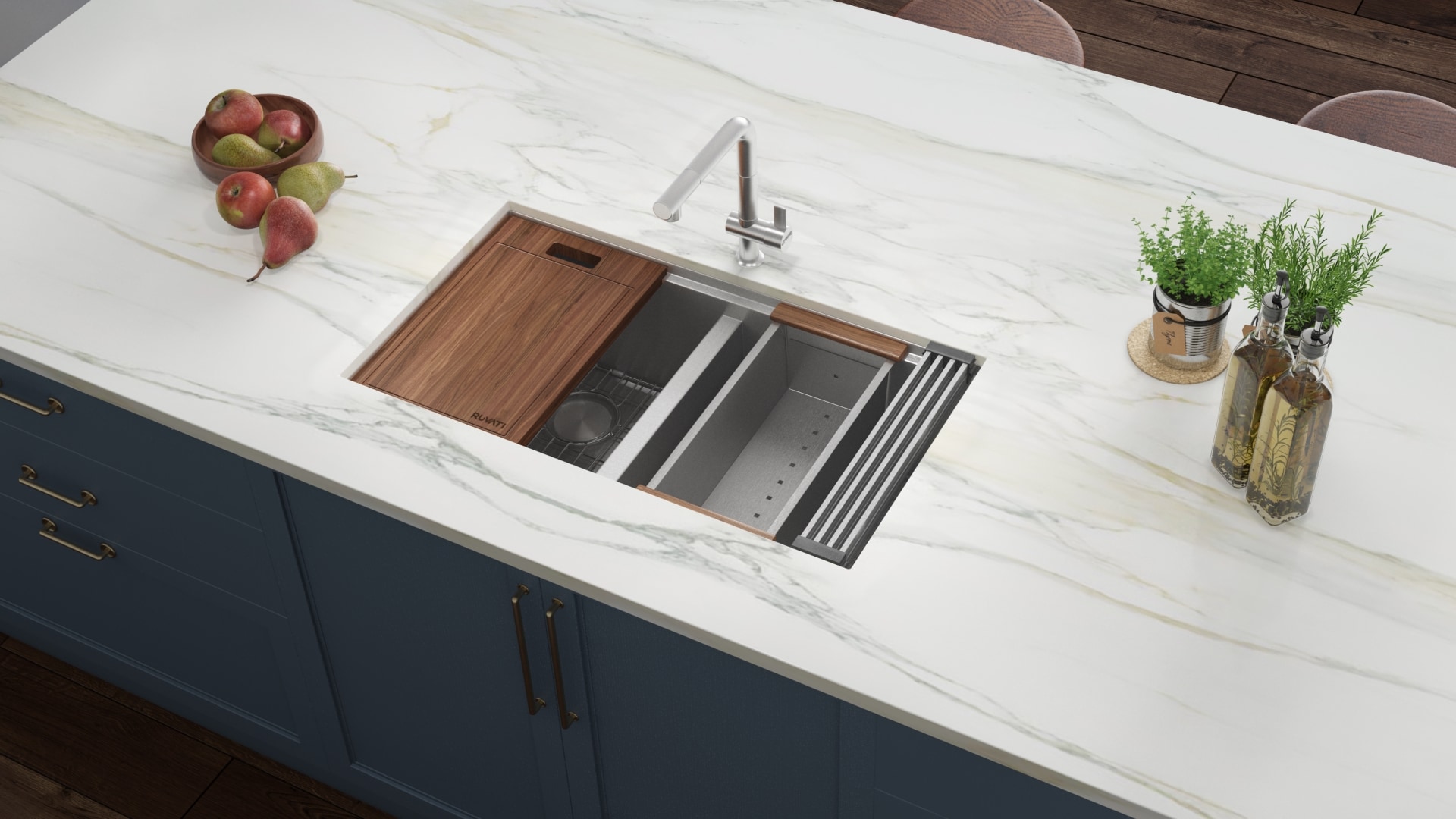 Ruvati Roma Undermount 33-Inches x 19-Inches Stainless steel Double equal bowl 16 -Gauge Workstation Kitchen Sink