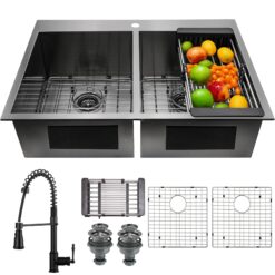 AKDY Drop-in 33-Inches x 22-Inches Stainless steel Double equal bowl 1-Hole 18 -Gauge Kitchen Sink All-in-One Kit