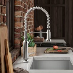 KOHLER Ealing Pre-Rinse Spring Vibrant Stainless Single Handle Deck-mount Pull-down Kitchen Faucet with Sprayer ( Deck Plate Included ) (Soap Dispenser Included)