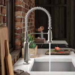 KOHLER Ealing Pre-Rinse Spring Vibrant Stainless Single Handle Deck-mount Pull-down Kitchen Faucet with Sprayer ( Deck Plate Included ) (Soap Dispenser Included)