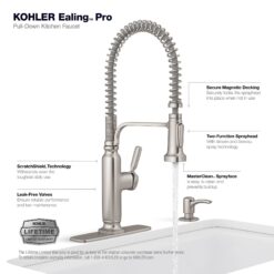 KOHLER Ealing Pre-Rinse Spring Vibrant Stainless Single Handle Deck-mount Pull-down Kitchen Faucet with Sprayer ( Deck Plate Included ) (Soap Dispenser Included)