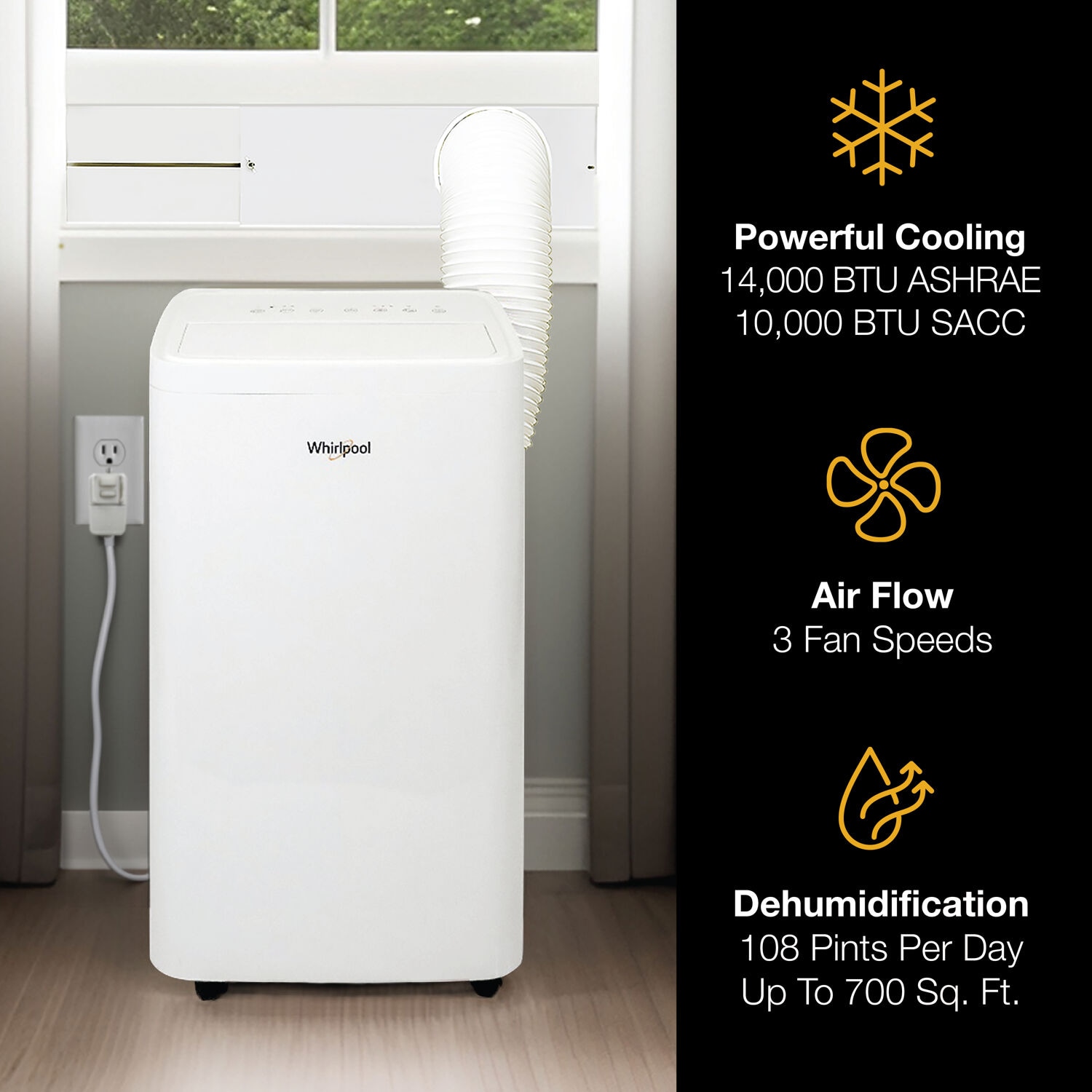 Whirlpool 10,000 BTU SACC 115-Volts ) White Vented Portable Air Conditioner Remote Control Included Cools 700-Sq. Feet