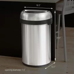 Simplehuman Semi-Round Open Top Can, 60-Liter Brushed Stainless Steel Indoor/Outdoor Kitchen Lidless Trash Can