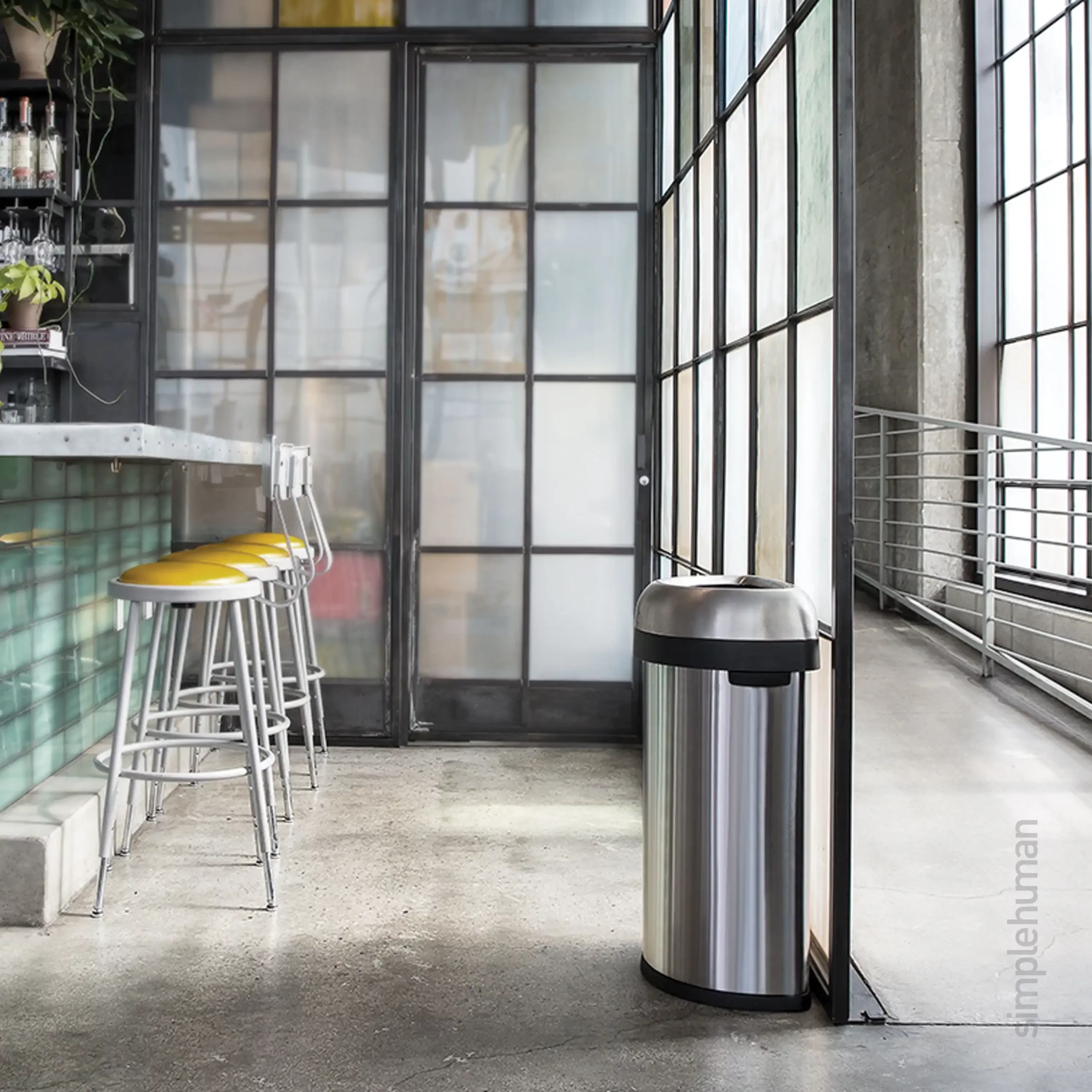 Simplehuman Semi-Round Open Top Can, 60-Liter Brushed Stainless Steel Indoor/Outdoor Kitchen Lidless Trash Can