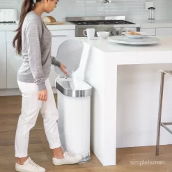 Simplehuman Slim Liner Rim Step Can, 45-Liter White Steel Indoor/Outdoor Kitchen Hinged Lid Trash Can