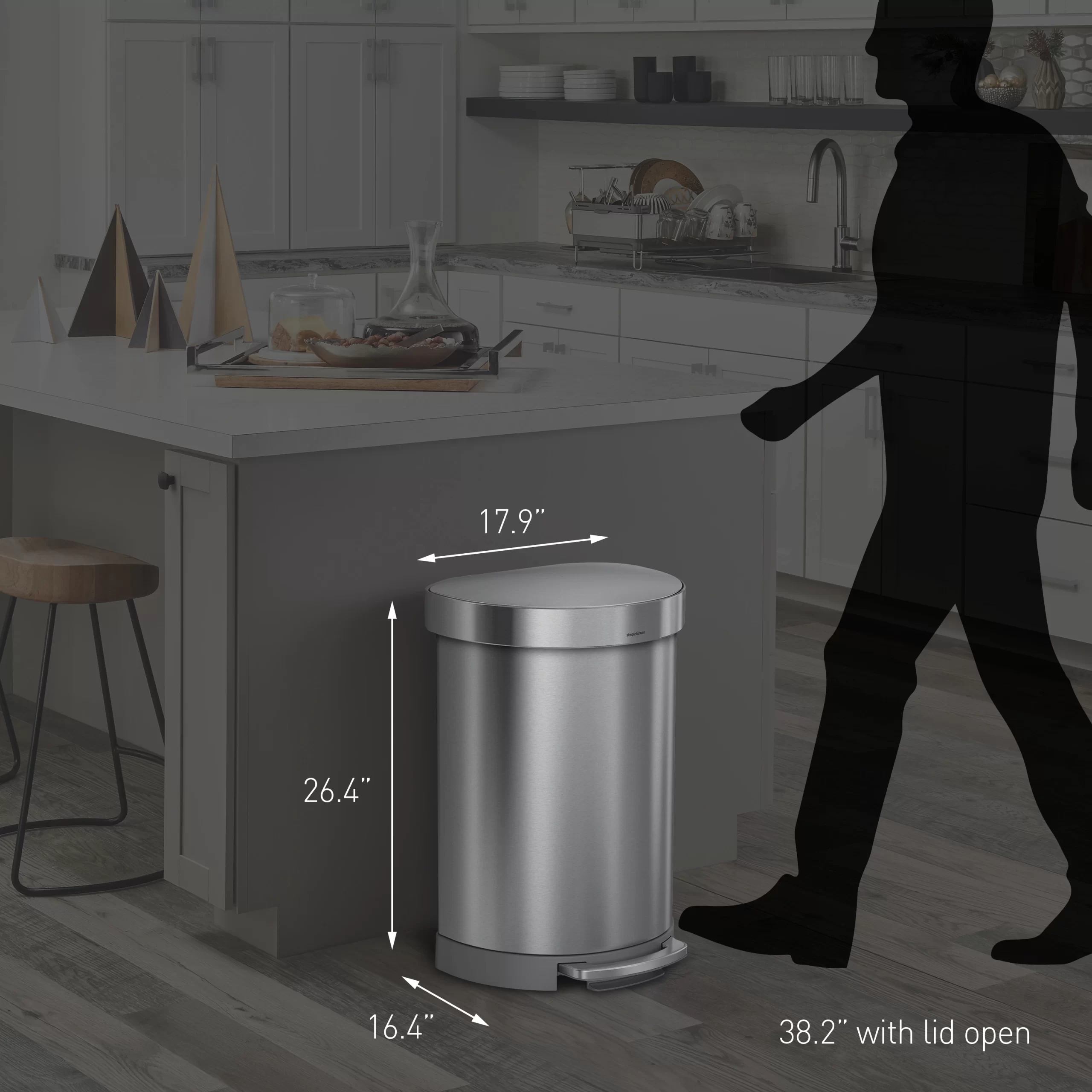 Simplehuman Semi-Round Liner Rim Can, 60-Liter Brushed Stainless Steel Indoor Kitchen Step Trash Can