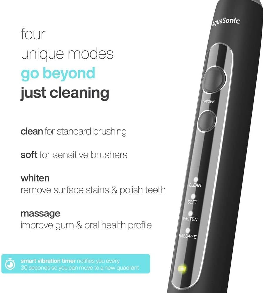 Aquasonic Black Series PRO – Ultra Whitening Toothbrush w UV Sanitizing Base – 5 Modes & Smart Timers