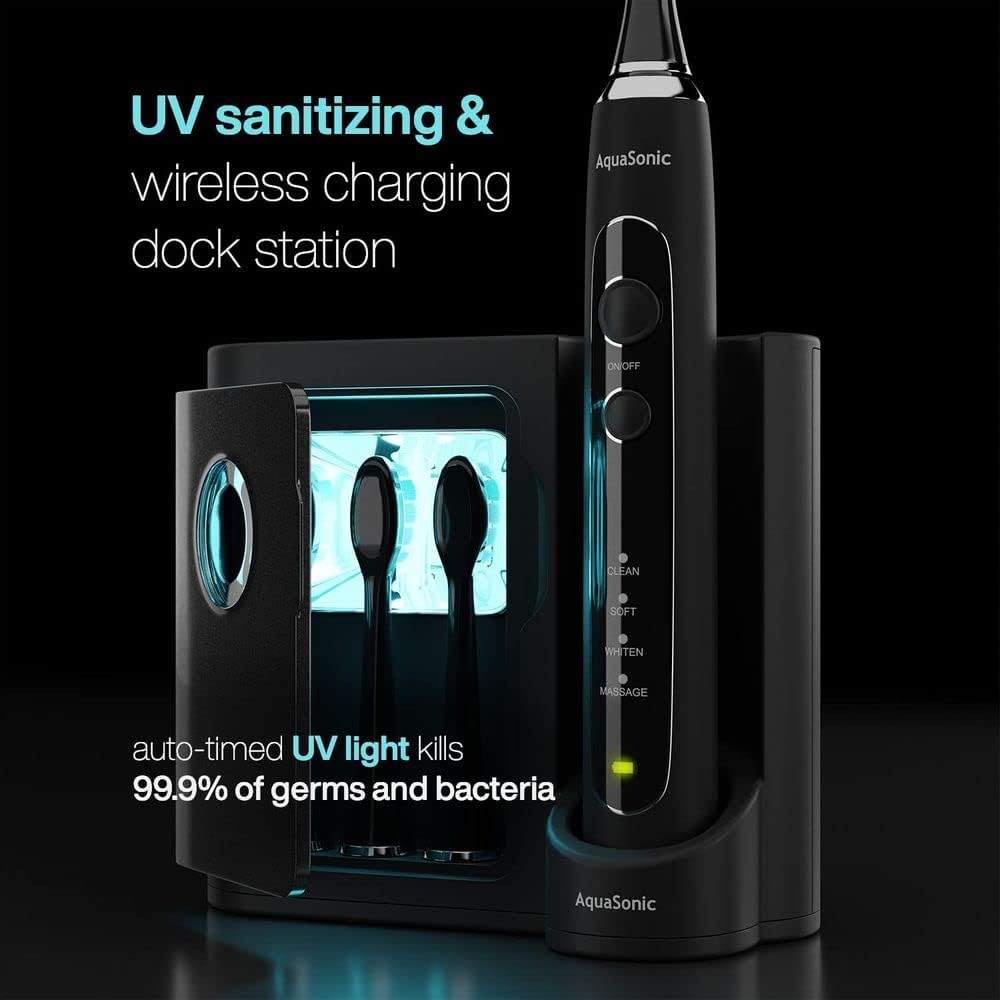 Aquasonic Black Series PRO – Ultra Whitening Toothbrush w UV Sanitizing Base – 5 Modes & Smart Timers