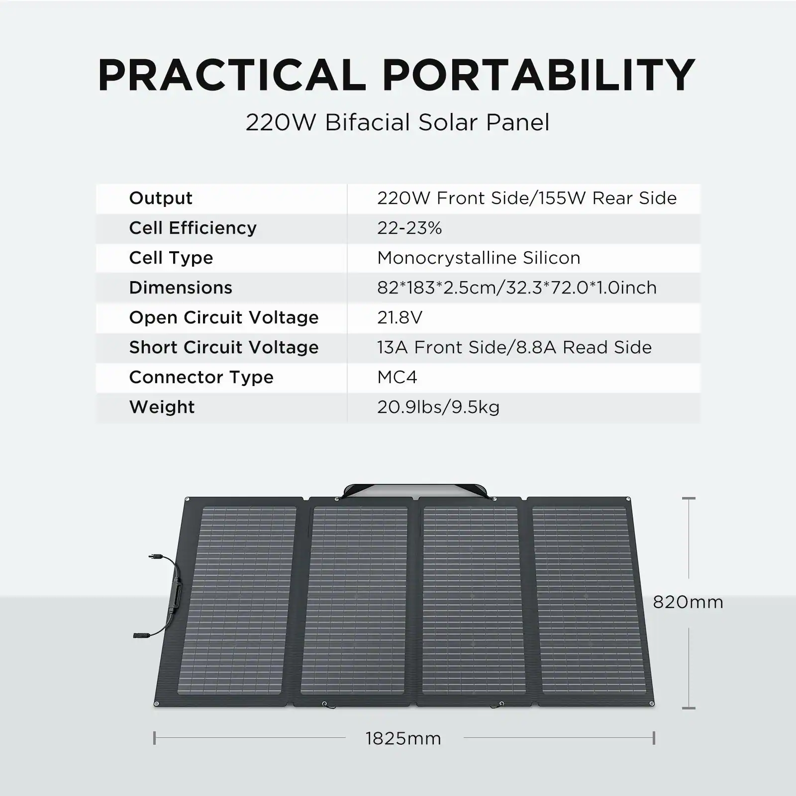 EcoFlow 220W Solar Panel 72.0-in x 32.3-in x 1-in 220-Watt Portable Solar Panel