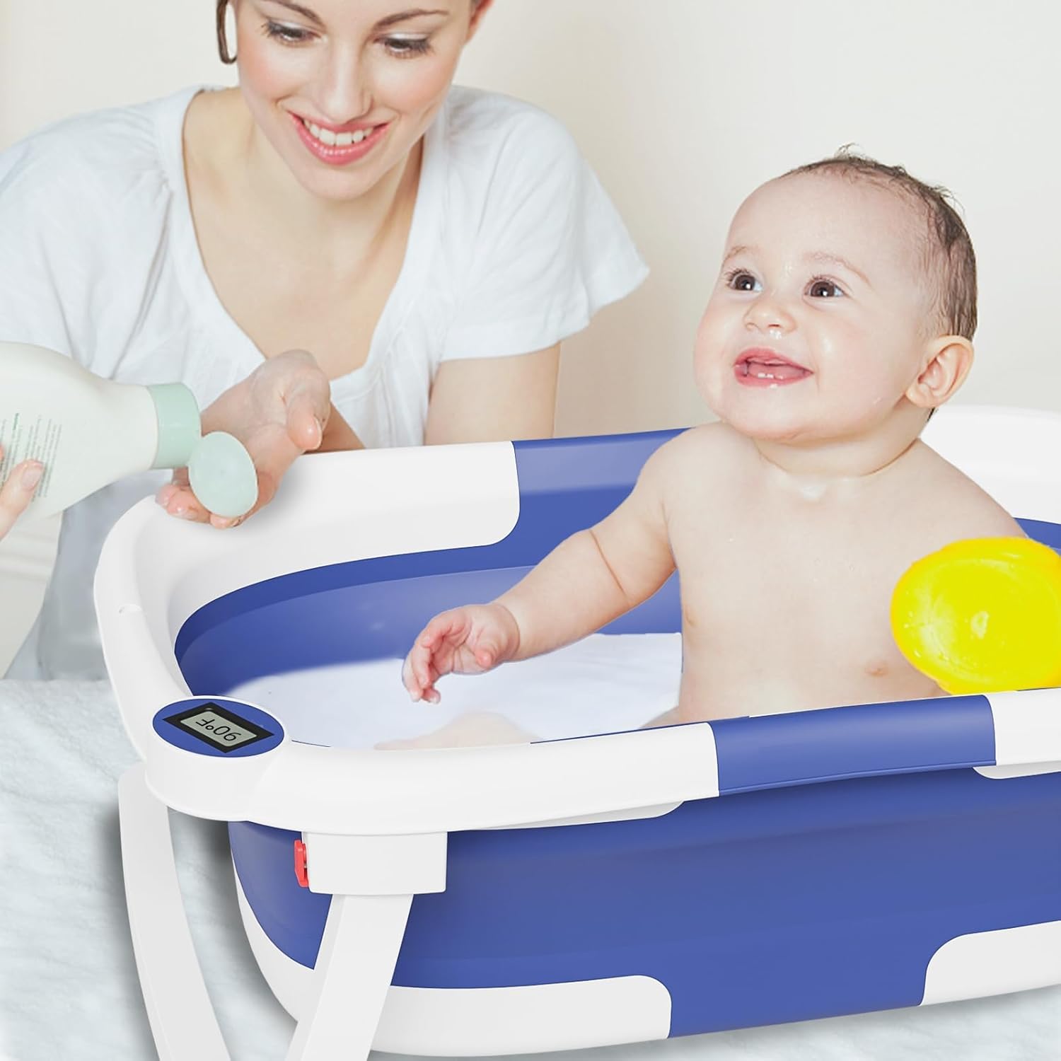 Napei Collapsible Baby Bathtub, Baby Bath Tub with Soft Cushion & Thermometer, Blue